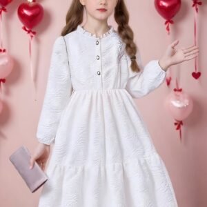 Élégante robe à manches longues de couleur unie avec impression 3D et boutons de perles