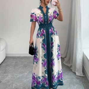 Robe élégante imprimée fleurie pour femme, col montant et manches courtes bouffantes