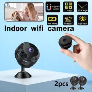 Lot de 2 caméras de surveillance WiFi intelligentes pour la maison | Batterie rechargeable, résilience aux pannes de courant, vision nocturne, audio, contrôle via application mobile, prise en charge de carte mémoire/stockage cloud, enregistrement et lecture vidéo, moniteur de sécurité sans fil d'intérieur, design élégant