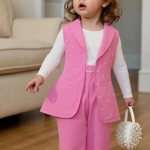 3 Pièces T-Shirt à Manches Longues Col Rond Blanc Mode + Gilet Rose Perlé + Pantalon Large