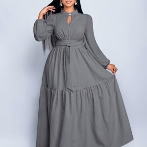 Robe Chemise Longue Décontractée à Col Montant et Nœud, Taille Grande, Mode