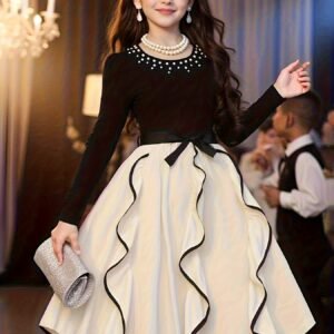 Robe à col rond pour filles, mode contrastée avec ruban et perles