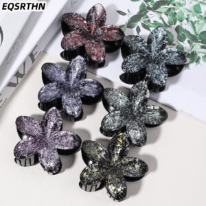 Lot de 6 pinces à cheveux vintage EQSRTHN de 7 cm - Fleurs de Bauhinia vert tacheté mat et violet foncé, accessoires rétro pour mariage, fête, tresses, pour cheveux volumineux (pinces à cheveux en forme de fleur)