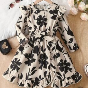 Robe A-Line Vintage à Imprimé Floral pour Filles avec Ceinture