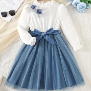 Robe à Dentelle Bleue et Blanche pour Filles avec Ceinture - Robe Midi à Manches Longues