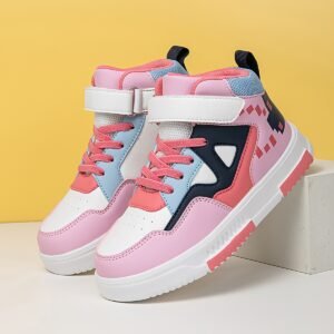 [Skate pour Filles] Chaussures de Skate pour Filles - Semelle Souple Antidérapante, Fermeture Facile à Velcro, Baskets Légères Toutes Saisons - Blanc/Rose, Semelle EVA Respirante & Tissu, Design Haut pour Jeux en Extérieur, Randonnée