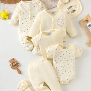 8 pièces Ensemble de Bodys pour Bébé Fille, 100% Coton, Confortable et Respirant, Jaune Crème Frais avec Motif Étoiles, Adapté de 0 à 9 Mois pour Intérieur et Extérieur, Idéal comme Cadeau, Parfait pour l'Extérieur