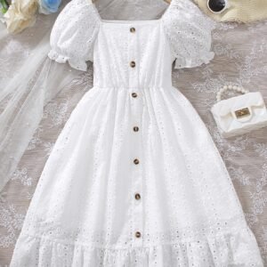 Robe à manches courtes pour filles avec col carré, boutonnage devant