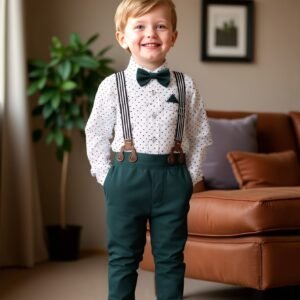 Nouvelles tenues de printemps et d'automne 2025, chemise à manches longues à pois pour garçons avec bretelles et pantalon long, ensemble de costume pour enfants avec nœud papillon