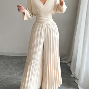 Combinaison Femme à Manches Chauve-Souris, Col en V, Plissée, Jambes Larges et Superposées, Unie