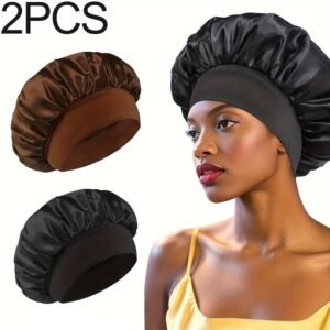 [Bonnet de nuit doux] 2 Pièces Bonnet Femme Élégant, Bonnet à Large Bord Élastique, Port Quotidien Décontracté, Couleur Ding, Bonnet de Nuit Adapté aux Cheveux Bouclés ou Lisses, Confortable et Doux