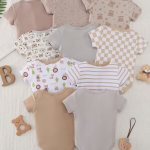 10 pièces Ensembles Barboteuses pour Garçons - Combinaisons à Manches Courtes avec Imprimé Ours et Animaux (Ours Polaires, Licornes, Hiboux) - 40% de Douceur (Rayon) - Tenues 0-6 Mois - Vêtements Lavables en Machine