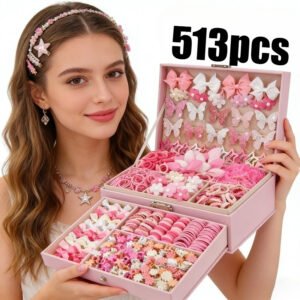 Ensemble d'Accessoires pour Cheveux Printemps/Été 2026 - 513 pièces, Cadeau de Saint-Valentin, Barrettes pour Fêtes, Essentiel pour Coiffure Quotidienne, Barrettes Sans Dommage, Élastiques -Dérapants, Adapté aux Cuirs Chevelus Sensibles, Nœuds Mignons, Paillettes Scintillantes, Barrettes