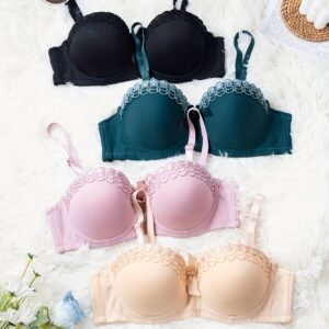 4pièces Ensemble de lingerie pour femmes - Soutiens-gorge élégants à armatures avec bordure en dentelle florale, style push-up non rembouré, noir, beige, rouge et marron, style et confort pour les tenues décontractées, lingerie de tous les jours | Bordure en dentelle florale | Ajustement confortable