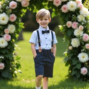 Ensemble élégant avec cardigan, nœud papillon, short bleu et bretelles