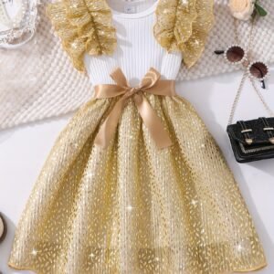 Robe de cour d'été pour filles | Tunique à manches à volants à paillettes dorées avec ceinture