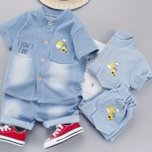 Ensemble d'été pour garçon en jean à manches courtes - Imprimé faon cartoon