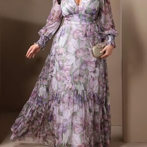 Plus Size - Robe Maxi Florale Élégante pour Femmes - Col en V, Manches Longues, Silhouette A-Line Fluide