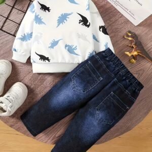 Ensemble Deux Pièces Sweat-shirt Fin à Imprimé Dinosaure, pantalon faux jean