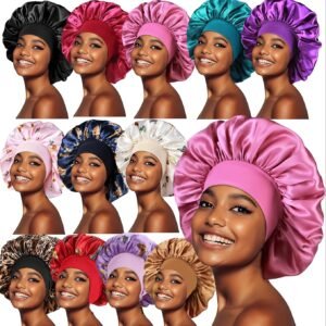 12pièces Luxe Satin Bonnets pour tous les types de cheveux | Réglable - Comme les bonnets de sommeil préviennent les frisottis et les cassures (bouclés/straights/Extensions) - Couleurs vibrantes, ajustement confortable, polyester durable, essentiels pour les soins des cheveux | Vibrant Sleep Caps | Texture lisse, bonnet de douche