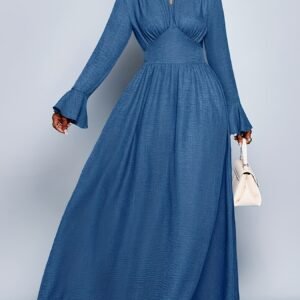 Élégante robe maxi trapèze en tissu bleu | Volants évasés, manches longues, col rond, dos ajouré, taille plissée, taille large, parfaite pour demoiselle d'honneur, décontractée, trajets quotidiens, sorties, soirées