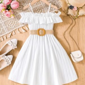 Robe d'été élégante unie à taille haute, dos nu, tissu non extensible, ceinturée avec bordure