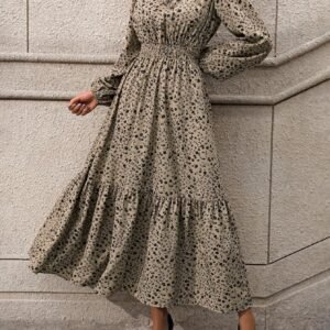 Robe élégante à col cranté à manches longues avec imprimé floral délicat et détails à volants, 100 % polyester tissé, robe trapèze midi pour le printemps et l'automne