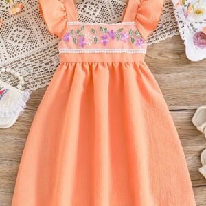 Robe d'été sans manches pour filles avec col carré, poitrine brodée de fleurs