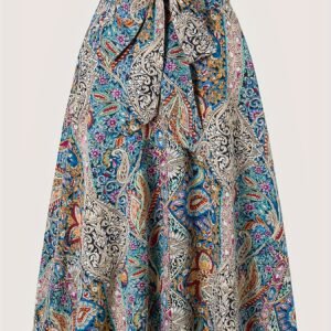 Jupe midi trapèze imprimé floral bohème pour femme, motif fleuri et cachemire, taille haute en polyester lavable en machine