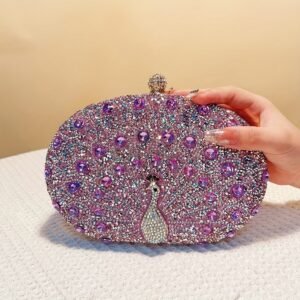 Sac à Main Clouté Paon Violet avec Bandeoulière Détachable - Sac de Soirée Léger en Acrylique pour Femmes, Fermoir Étincelant Sac de Luxe pour Mariages, Fêtes & Événements de Noël, Accessoire de Vacances, Intérieur Doublé en Polyester