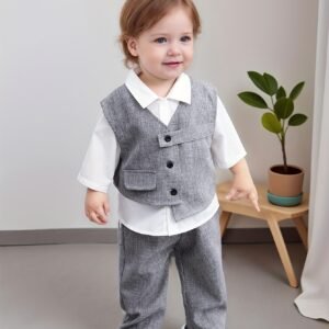 Tenue de Gentleman pour Bébés Garçons : Chemise Blanche, Gilet Gris Irrégulier et Pantalon Long Gris