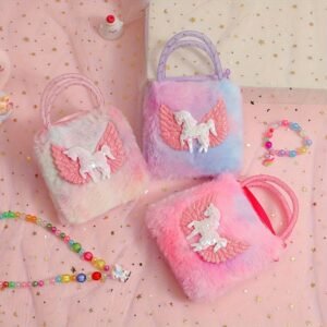 Sac à main peluche licorne à paillettes - Porte-monnaie en fausse fourrure cartoon - Sac à main doux arc-en-ciel pour femmes
