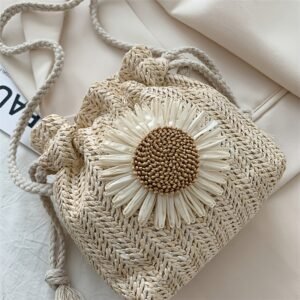 Sac Tressé à Motif Floral, Sac Seau en Paille, Sac Bandoulière à Cordon, Disponible en 2 Couleurs—Kaki et Blanc