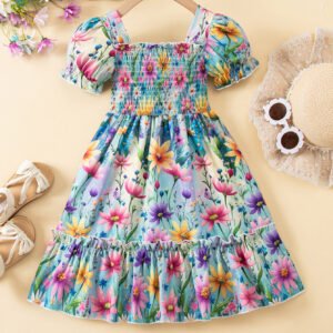Robe d'été à manches courtes pour filles européennes et américaines avec imprimé floral multicolore numérique, robe princesse à design plissé, robe fraîche pour petites filles, idéale pour les vacances et les tenues décontractées à la plage