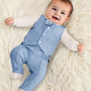 Ensemble 3 pièces Bébé Garçon Décontracté : Gilet + Barboteuse Manches Longues + Pantalon Taille Élastique