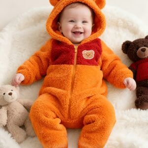 Une tenue de bébé nouveau-né pour l'automne et l'hiver avec un design color-block, un capuche et des pieds, ornée d'une jolie patch ours. C'est un choix élégant pour les nourrissons et un cadeau adorable pour les bébés, idéal pour l'extérieur.