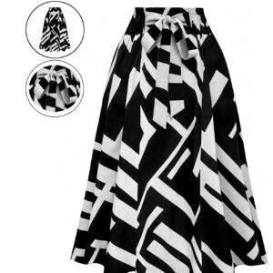 Jupe A-Line Élégante et Polyvalente pour Femme - Style Décontracté Tendance avec Imprimé Color Block, Nœud à la Taille et Design Commuter