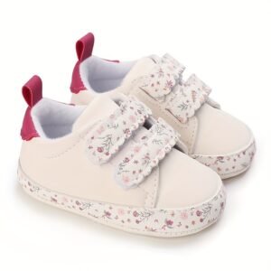 Baskets à enfiler à imprimé floral tendance pour bébés filles avec fermeture auto-agrippante réglable, chaussures de berceau habillées pour tout-petits avec couleurs assorties