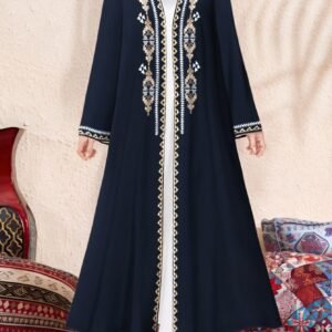 ZD251209008 Cardigan Robe Élégant Style Moyen-Orient pour Femmes, Imprimé Ethnique Polyvalent à Manches Mi-Longues, Idéal pour Occasions Festives et Sorties, Direction Moyen-Orient