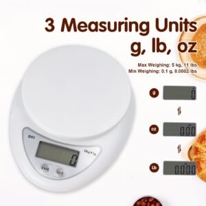 Balance de Cuisine Électronique Portable, Commutation Libre entre g/oz/lb, 5 kg Capacité Maximale, Fonction Tare, Base Antidérapante, Aide Essentielle à Piles pour la Maison (Pile Non Incluse)