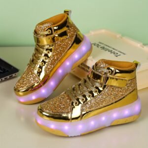Chaussures de sport lumineuses pour enfants, patins à roulettes amovibles, rechargeables par USB, design sequins haut, respirantes et résistantes, toutes saisons