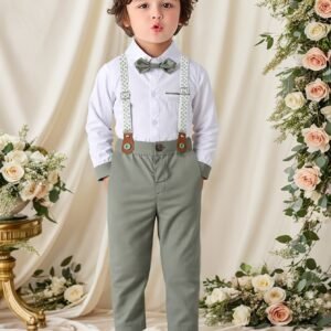 Ensemble Deux Pièces Garçon Printemps/Automne : Chemise Blanche à Manches Longues avec Nœud Papillon et Pantalon Vert Bretelles