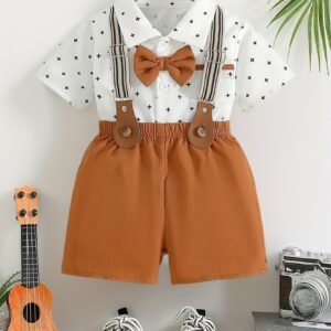 Ensemble d'été pour garçons : chemise à pois et salopette avec nœud papillon