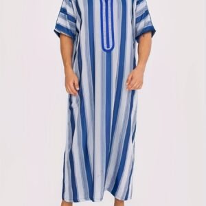 Kaftan élégant brodé à motifs géométriques bleu et blanc - Col en V décontracté - Coupe régulière - Confort toutes saisons - Idéal pour plage, voyage ou tenue décontractée - Tenue de voyage|Style décontracté|Tissu légèrement extensible - Robe de plage