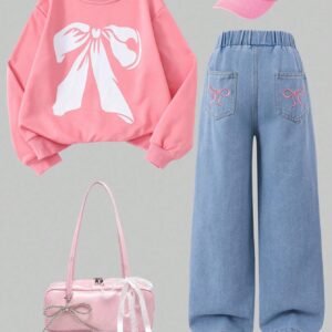 2 pièces/Set Tenue décontractée pour Préadolescentes - Sweat-shirt-shirt rose foncé imprimé nœud + Jean en denim délavé bleu avec nœud brodé, Mignon