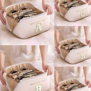 Sac de rangement de voyage multifonctionnel, sac cosmétique à motif lettre, sac cosmétique en PU imperméable, sac cosmétique à double compartiment grande capacité, organisation et rangement des cosmétiques
