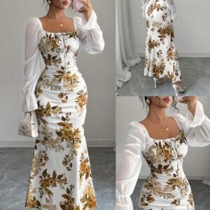 Nouvelle robe femme à col carré avec nœud papillon, design manches bouffantes en mousseline. Polyvalente pour les rendez-vous, les rassemblements, le port quotidien. Cintrée à la taille, flatteuse, élégante, jeune. Longue robe pour le printemps, l'été