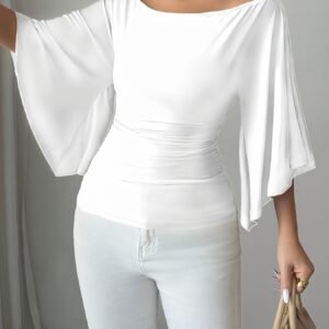 T-shirt Élégant à Épaules Dénudées, Manches Évasées et Haute Élasticité, Couleur Unie pour Femmes, Style Européen et Américain