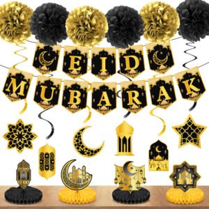 Ensemble de décoration Aïd al-Fitr 17 pièces | Bannière Mubarak, Pompons en papier de soie, Spirales suspendues, Centres de table, Convient pour la décoration du festival du Ramadan, Matériau en papier