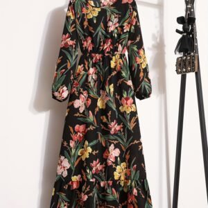 Élégante robe à manches longues et col rond avec imprimé floral de narcisses pour femmes